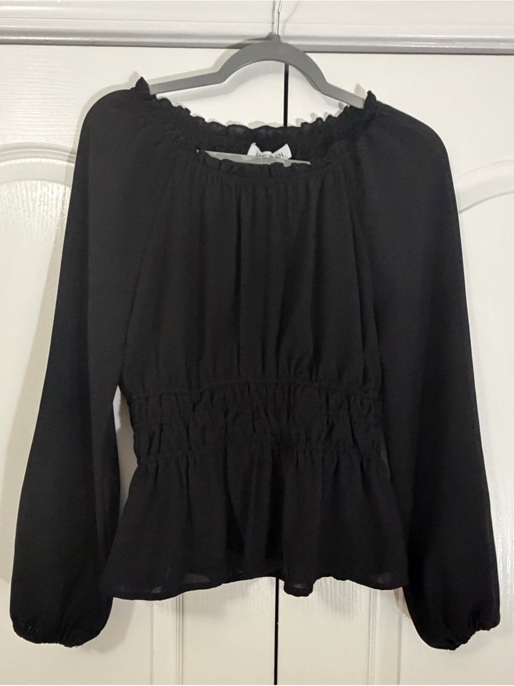 Kate Kasin Black Smocked Peplum Blouse Size Medium